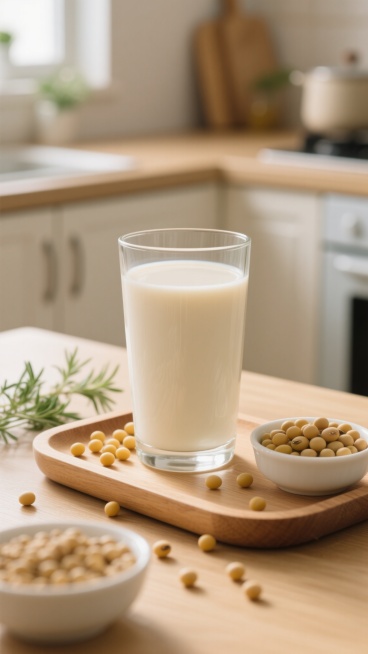 一张玻璃杯中装满乳白色豆浆，放置在木质托盘上，托盘上散落着一些黄色的大豆，旁边还有一个装满大豆的白色小碗，背景是简约的厨房环境，有浅色的橱柜和绿色的香草植物，整体色调温暖自然，光线柔和，营造出温馨舒适的居家氛围，摄影风格写实细腻，突出食材的质感和纯净感。预览效果
