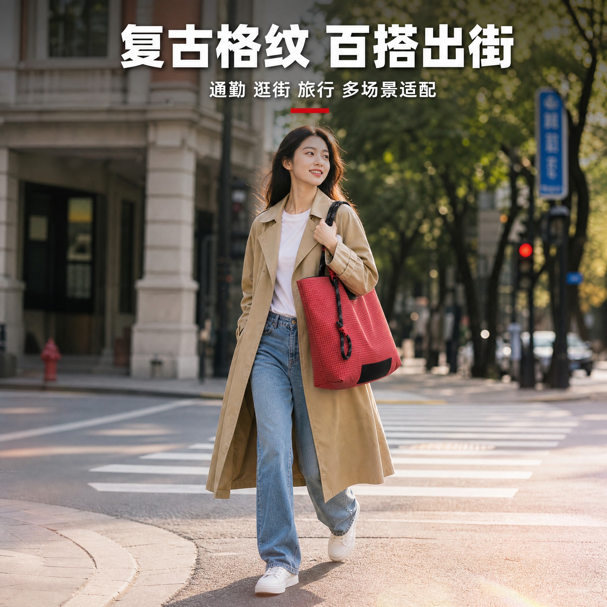 [主图-6] 红色格纹攀岩绳托特包穿搭百搭卖点图，突出多场景适… - 图片创意预览