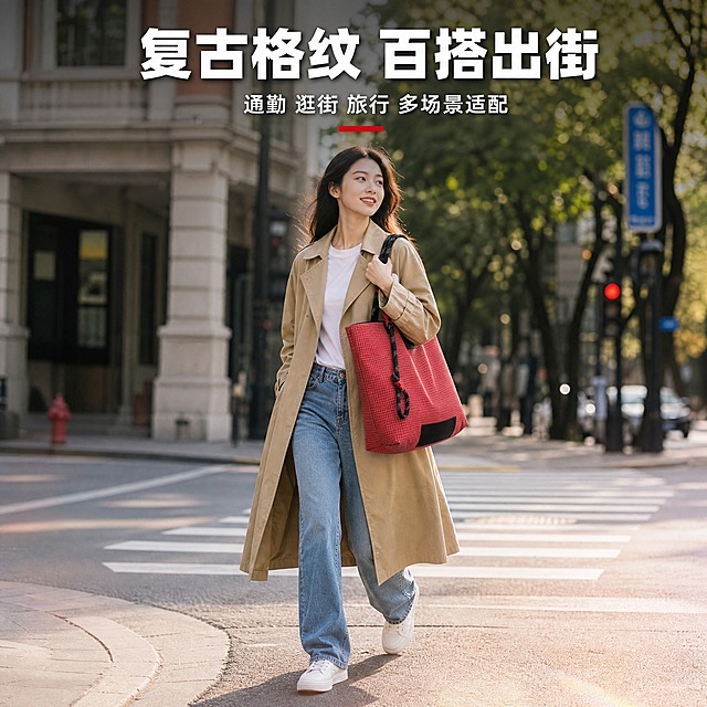 [主图-6] 红色格纹攀岩绳托特包穿搭百搭卖点图，突出多场景适配与复古颜值。
[统一基调] 高级感 品质感 信息型电商主图风格；背景为城市街景虚化背景，柔和自然光；整体配色以红色格纹包为主视觉，搭配黑色攀岩绳与红色快拆扣；标题字色为白色粗体带轻微阴影，辅助字色为白色半透明，强调色为红色；字体为现代无衬线粗体；文字放在画面顶部负空间，不遮挡包包与人物主体。
[画面] 年轻亚洲女性模特全身出镜，站在城市街道斑马线旁，模特身穿卡其色风衣内搭白色T恤，下装牛仔裤，脚踩小白鞋；包包单肩背在左肩上，红色格纹成为穿搭亮点；模特姿态自然行走，表情轻松；背景为虚化的城市街景，有树木、建筑、街道，景深较浅突出人物与包包；画面底部有轻微光晕效果，增加氛围感。
[光影质感] 柔和自然户外日光，下午侧光效果，人物与包包立体感强，包身格纹纹理清晰；人物肤色自然，头发有轮廓光；整体光影自然有层次。
[配色] 主色红色格纹，辅助色黑色攀岩绳、红色快拆扣、卡其色风衣、蓝色牛仔裤、城市街景背景、白色文字；整体色调高级有氛围感。
[文字版式] 画面顶部居中放置主标题，大号白色粗体无衬线字带轻微黑色投影："复古格纹 百搭出街"；主标题下方放置小号白色辅助文字："通勤 逛街 旅行 多场景适配"；文字横排居中对齐，标题最大最粗，辅助文字字号约为标题的45%；文字放在画面上方天空区域，不遮挡人物与包包。
[输出要求] 1:1正方形比例，2048x2048像素；包包清晰突出，模特自然，文字清晰可读；负向：变形 模糊 色差 悬浮 水印 平台Logo 手部畸形 面部扭曲 背景杂乱 错字