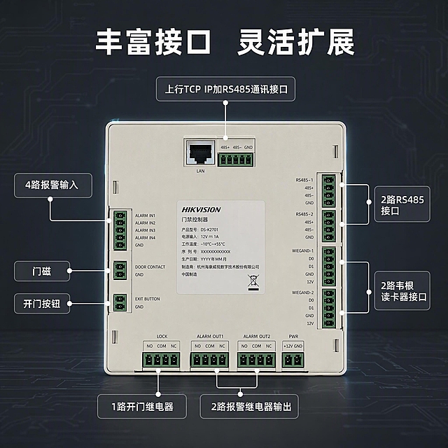 [主图-3] 海康威视门禁控制器接口与功能结构图
[氛围风格] 冷灰科技工业风 专业技术图解
[画质] 商业摄影质感 产品细节清晰 接口标注精准
[元素] 海康威视门禁控制主机位于画面中央 背面朝向观众 展示所有接口面板 四周用引线标注各接口功能 上方标注上行TCP IP加RS485通讯接口 左侧标注4路报警输入 门磁 开门按钮 右侧标注2路RS485和2路韦根读卡器接口 下方标注1路开门继电器 2路报警继电器输出 引线末端有小圆点连接到实际接口位置 背景为深灰色带细微电路纹理 保持产品外观物理结构材质颜色与输入产品图完全一致 杜绝变形和色差 商品主体占比约60%
[光影] 正面均匀柔光照射背面接口面板 确保每个接口清晰可见 四周有微弱轮廓光 突出产品边缘
[配色] 主色调深灰 辅色科技蓝 引线用白色 标注文字用白色
[视角构图] 正面平视产品背面 居中构图 四周留出标注空间 景深较深 全部接口清晰
[文字版式] 顶部标题丰富接口 灵活扩展 白色粗体大号字居中 各引线标注文字为白色小号无衬线字 标注框为半透明深灰底圆角矩形 文字左对齐 清晰可读 不重叠
[输出要求] 1:1比例 文字清晰锐利 超高清商业摄影质感
[负向提示词] 变形 文字错乱 产品图模糊 背景杂乱 水印 电商平台Logo 多余的手 畸形手
