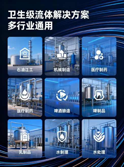 现代工业风宣传图，科技蓝为主色调，顶部标题"卫生级流体解决方案 多行业通用"，下方采用网格布局展示6个应用行业，每个格子搭配半透明行业实景图+图标+文字，分别对应石油化工、机械制造、医疗制药、啤酒酿造预览效果