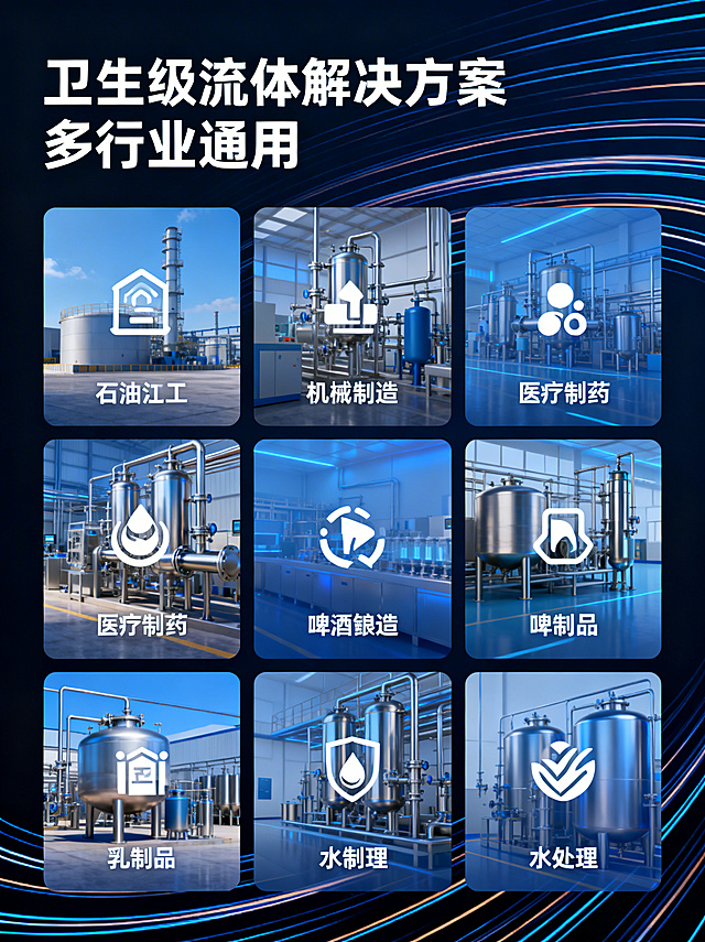 现代工业风宣传图，科技蓝为主色调，顶部标题"卫生级流体解决方案 多行业通用"，下方采用网格布局展示6个应用行业，每个格子搭配半透明行业实景图+图标+文字，分别对应石油化工、机械制造、医疗制药、啤酒酿造、乳制品、水处理，加入动态线条元素，视觉动感现代，质感高级，适配官网和新媒体宣传
