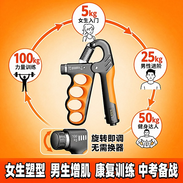 拼多多电商主图，1:1正方形，产品为计数握力器，保持产品外观结构颜色与原图一致，黑橙配色、金属弹簧、LCD计数屏、四指握孔、调节旋钮全部保留。产品居中展示，占画面约40%。产品周围环绕5个阻力档位标识，分别为5kg、25kg、50kg、100kg，用橙色箭头环形连接，形成一个围绕产品的圆环。每个档位旁边配有对应人群图标：5kg旁配女生入门图标（女性简笔画），25kg旁配男性进阶图标（男性简笔画），50kg旁配健身达人图标（肌肉男简笔画），100kg旁配力量训练图标。画面底部放一张调节旋钮特写小图（圆形或圆角矩形框），旁边标注粗体字：旋转即调 无需换器。背景用橙色活力渐变，从浅橙到深橙过渡，营造全家都能用的活力氛围。画面下方超大粗体白字（带黑色描边）：女生塑型 男生增肌 康复训练 中考备战，四个词组横向排列，字体粗大醒目。拼多多风格，文字偏大突出，色彩鲜艳有活力。图标简洁清晰，环形布局美观。禁止错字、模糊、水印、平台Logo。