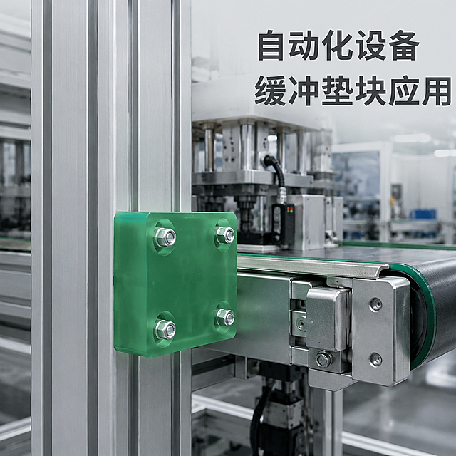 [主图-5] 应用场景图，展示块状PU零件在自动化设备生产线中的缓冲垫块安装应用。
[统一基调] 工业主图风，1:1正方形，背景为自动化设备生产线场景，整体专业真实，传递工业应用的实际价值。所有文字颜色统一为深灰色，字体为清晰端正的无衬线体，不变形不拉伸。
[画面] 半透明绿色的块状PU聚氨酯零件作为缓冲垫块，安装在自动化设备生产线的金属结构上，位于画面视觉中心偏左位置，主体突出。零件呈方正块状，四角有圆形通孔，通过螺栓固定在银色金属机架或输送线端部/侧边，作为缓冲减震垫块使用，能看到其在设备运行中起到缓冲限位的作用。背景是现代化的自动化生产线场景，可以看到金属导轨、输送线皮带、铝型材框架、工业设备外壳、传感器等元素，背景适度虚化，突出前景的PU缓冲垫块。视角为平视略微偏侧的角度，能清楚看到零件的安装方式和缓冲作用位置。零件与金属接触面贴合紧密，有真实的安装连接关系和受力感。画面上方或右侧标注深灰色文字，说明应用场景。
[光影质感] 工业厂房真实摄影质感，光线为工厂内均匀的冷白色工业照明，产品光影自然融入场景。半透明绿色PU零件在工业光线下呈现通透质感，表面有环境光反射，内部有光线穿透，体现PU材料的弹性和缓冲特性。金属设备部分有冷硬的金属反光，与PU零件的温润通透形成材质对比。整体画面真实感强，像实拍的工业应用场景。
[配色] 背景以工业灰、银色金属色为主，点缀少量设备的深色。产品主体为半透明翠绿色，在灰色工业背景中突出醒目。所有文字均为深灰色。整体配色为工业风冷色调，绿色产品作为视觉焦点。
[文字版式] 场景说明文字为深灰色无衬线粗体，字号醒目，位于画面上方或右侧的留白区域，横排排列，清晰可读，不遮挡产品主体和关键安装结构。文字内容体现"自动化设备 缓冲垫块应用"之意。所有文字清晰端正，不变形不拉伸。画面中仅出现指定的应用说明文字，不出现任何额外自动生成的文字。
[输出要求] 1:1正方形比例，2K分辨率，产品形态与首图保持一致（块状、四角孔位、半透明绿色），安装场景真实自然，产品与设备连接合理无穿模，文字清晰无错字，字体端正不变形，画面干净无水印、无Logo、无多余杂物。