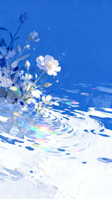 抽象治愈插画，主色调克莱因蓝与白色，低饱和色调，带有肌理质感，松散绘画笔触，呈现梦境迷幻风格，磨砂质感，画面融入水与花卉元素，表面覆盖一层淡淡彩虹色泽，背景保持克莱因蓝主色调，风格简约干净，充满生命力预览效果