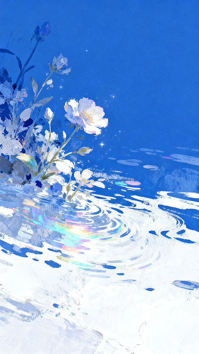 水彩风插画，梦幻蓝调中白花轻漾，水面泛起彩虹涟漪，星点闪烁，营造静谧唯美的虚拟自然意境。