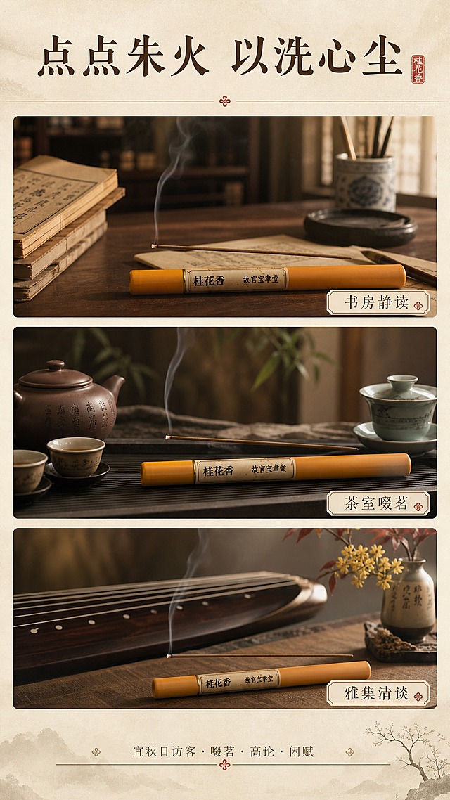 [商品] 使用【图2】单支线香+【图1】香管；保留线香棕褐色、香管橙黄色标签；修复质感细腻，不改变结构颜色。
[画面] 目标：多场景使用拼图，强化生活美学适用场景。构图：三格竖排拼图，每格一个场景；上格：书房场景，线香置于书案，旁有古籍、毛笔、砚台；中格：茶室场景，线香配茶席、紫砂壶、品茗杯；下格：雅集场景，线香置于古琴旁，配花艺摆件；每格均有细烟轻燃意境。景别：三格中景拼图，阅读动线从上至下。
[视觉] 套系策略：风格=东方宋式美学国风商业摄影；标题字=宋体书法衬线粗体；正文字=纤细宋体；主色=暖金桂黄+米白宣纸色；背景延展=基于米白宣纸做深浅晕染、同色渐变和细腻纸张肌理；强调色=朱砂红，仅用于小面积印章、引线和标签点缀；标题色=深棕褐色；正文色=中暖棕；组件=细线分隔、圆角米白信息卡、朱砂印章元素；光影=每格均为暖金柔光，统一色调，场景间用细线分隔。
[文字] 顶部通栏主标题"点点朱火 以洗心尘"；每格右下角配场景标签："书房静读""茶室啜茗""雅集清谈"；底部配文案"宜秋日访客·啜茗·高论·闲赋"；文字全部横向排版。
[规格] 图片比例9:16竖版，4K，避免变形、错字、文字过小、冷蓝背景、线香颜色改变、现代感过强。