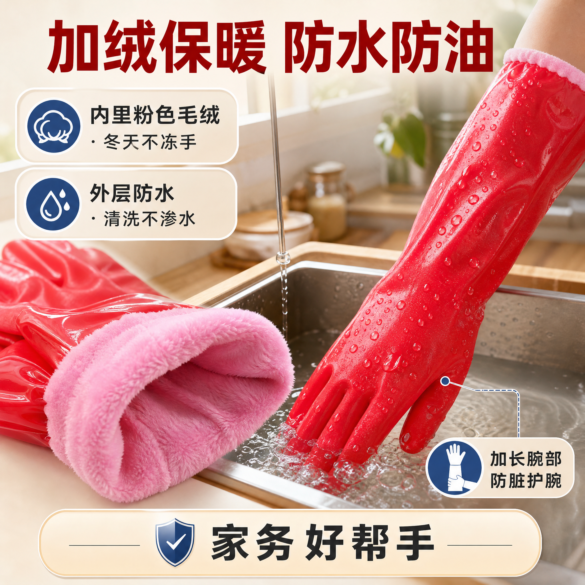 [主图-2] 核心卖点：加绒保暖+防水不渗水双重表现（内里粉色… - 图片创意预览