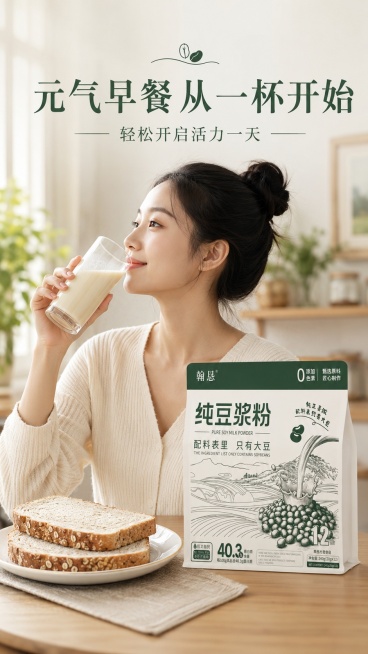 [第5屏] 模特展示-饮用纯豆浆粉的美好生活方式。本屏使用【图1】产品在画面中展示。
[氛围/风格] 温馨日常风，自然生活化场景，轻松治愈，充满生活气息。
[元素布局] 亚洲年轻女性半身入镜，侧脸手持预览效果