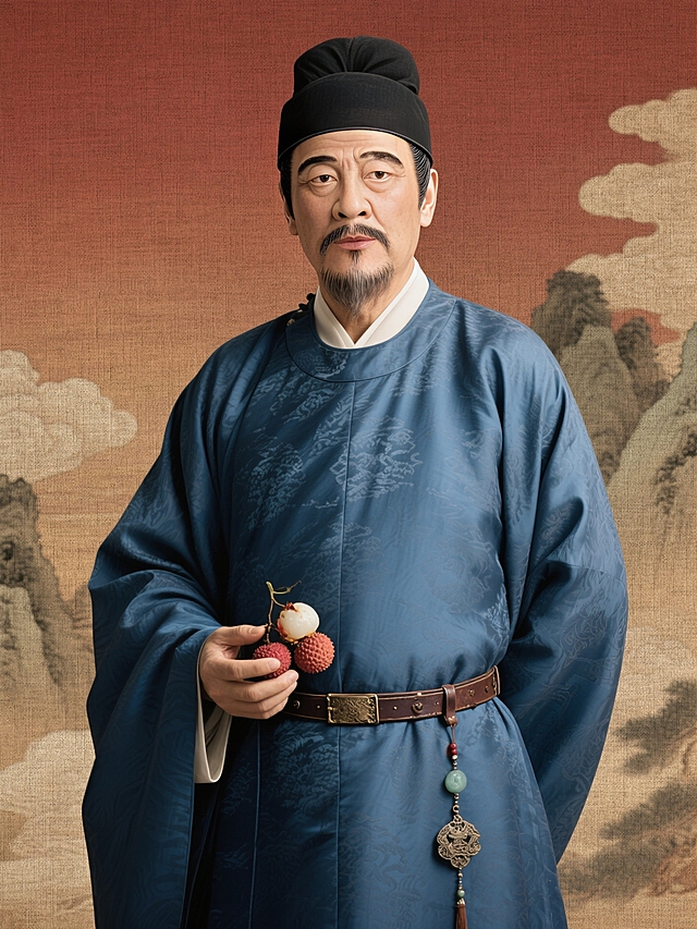 人物身穿唐代蓝色圆领袍，头戴黑色幞头，腰系革带配挂饰，手持荔枝相关物件；画面风格：古风影视海报质感，暖棕红渐变背景，融入山水云纹，色调古朴典雅，有传统工笔渲染韵味；细节强调：服饰纹理（丝绸暗纹）