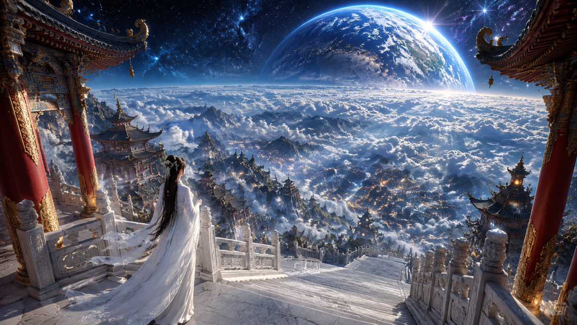 宇宙云海天宫秘境，星穹之上的东方仙宫，史诗级中式仙侠美学场景，极繁主义细节，极致高角度空间俯瞰感，兼具恢弘仙气与空灵孤寂感，高角度纵深构图，以白玉天阶与地球云海为引导线，强化从近景女子到远景宇宙的多层预览效果