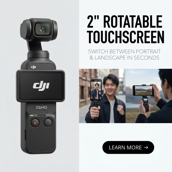 严格还原DJI Osmo Pocket 3产品细节：哑光黑色机身、DJI和OSMO文字位置及内容、按键布局、云台结构，展示旋转屏幕旋转90度状态，屏幕显示DJI LOGO，突出OLED高清质感。产品尺预览效果