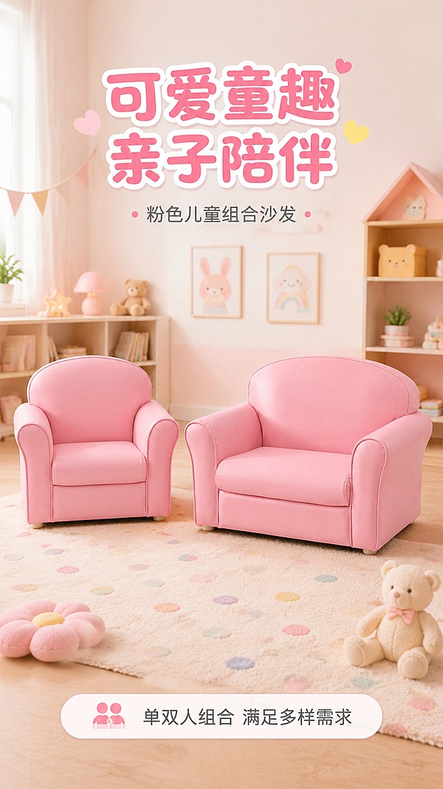 [第1屏] 详情页头图：儿童粉色组合沙发全家福宣传展示，本屏使用【图1】和【图2】作为商品主体，同时展示单人款和双人款粉色儿童沙发。
[氛围/风格] 温馨童趣的儿童房风格，柔和明亮暖光，实景商业摄影质感，整体活泼可爱。
[元素布局] 将两款粉色沙发并排摆放在儿童房空间中，沙发主体占画面约70%；背景布置温馨儿童房元素，如玩具、地毯、卡通装饰画；保留两款沙发的原有结构、材质和粉色外观，轮廓比例与原图保持一致。
[光影质感] 主光源来自左前方，柔和漫射光，右侧补光弱化阴影，地面保留自然投影，沙发皮革材质体现清晰光泽。
[配色色系] 全局底色 #FFF8F8，主色为柔粉色，辅助色浅木色和浅米色点缀，整体配色柔和甜美。
[视角构图] 正面平视角度，产品组合位于画面中心，视觉动线从上到下自然流畅。
[文字版式] 画面顶部主标题「可爱童趣 亲子陪伴」，副标题「粉色儿童组合沙发」，主标题圆润粗体字，副标题浅灰色细体，文字居中排布不遮挡沙发主体；底部添加圆角信息条标注「单双人组合 满足多样需求」。
[比例分辨率] 9:16 竖版比例，2K分辨率，文字清晰可辨，高清画质。
[负向提示词] 产品变形，结构错误，颜色偏差，缺件错件，水印，文字错乱，背景杂乱