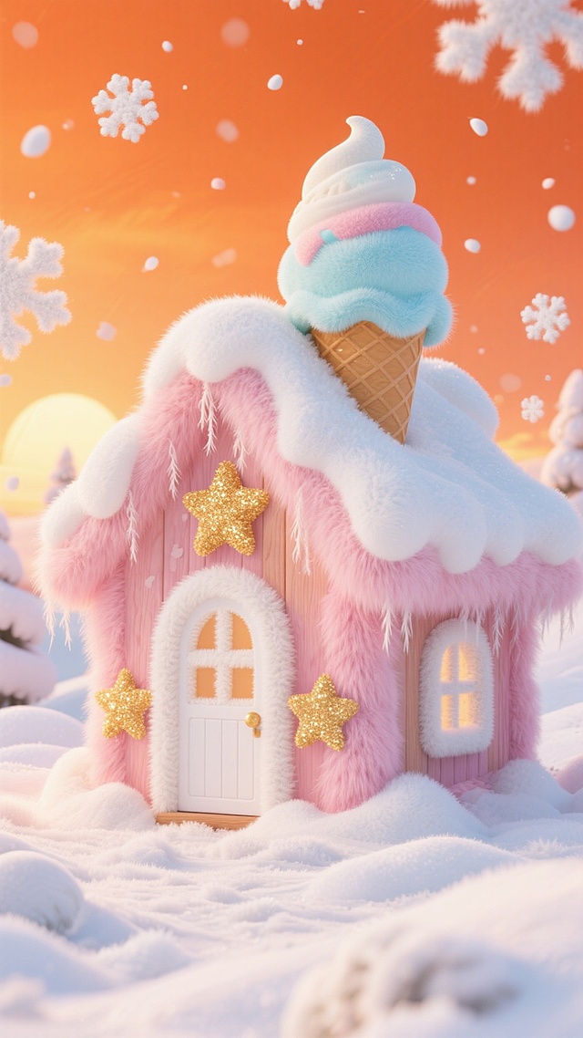画面中心是粉色的小木屋（白色门和窗），上面有星星的装饰，屋顶覆盖白雪，房顶上有一个巨大的被雪覆盖的冰淇淋，橙色的天空，周边飘着白色雪花，地面有积雪