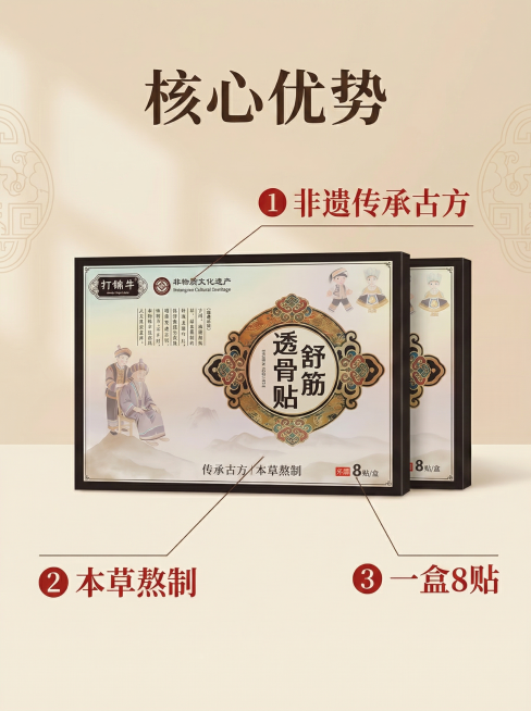 [主图 2] 舒筋透骨贴核心卖点展示
[氛围/风格] 国潮国风传统中式风格，延续暖调雅致氛围，统一视觉风格
[画面元素] 商业摄影质感、光线柔和通透、产品清晰真实、画面干净高级。产品主体展示在画面居中预览效果