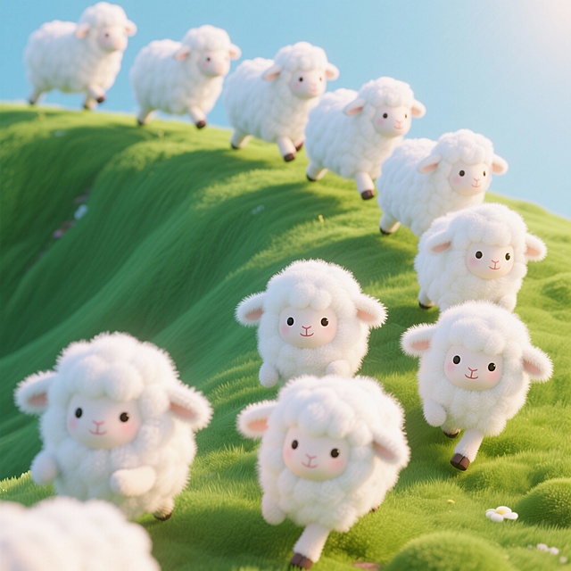 雪白的小羊羔们，像一团团棉花糖，排着队在绿色的山坡上奔跑