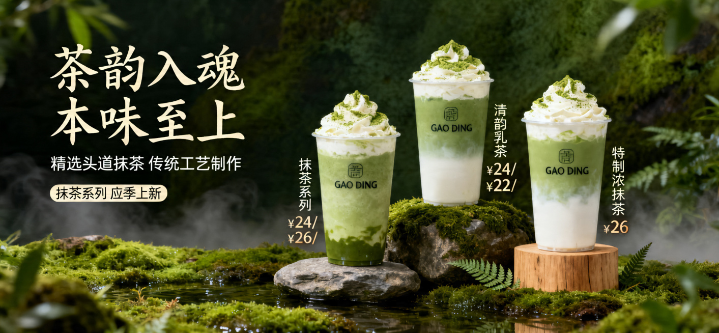 高端质感风电商banner，三款抹茶饮品（抹茶鲜乳茶、清韵抹茶、特制浓抹茶）置于天然苔藓覆盖的石块与木质底座上，杯顶奶油顶撒抹茶粉，饮品分层清晰，杯身印有 "GAO DING" 品牌标识，光影聚焦产品预览效果