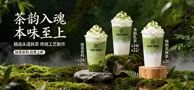 高端质感风电商banner，三款抹茶饮品（抹茶鲜乳茶、清韵抹茶、特制浓抹茶）置于天然苔藓覆盖的石块与木质底座上，杯顶奶油顶撒抹茶粉，饮品分层清晰，杯身印有 "GAO DING" 品牌标识，光影聚焦产品，凸显饮品细腻质感与杯身细节。背景：深绿色渐变苔藓纹理背景，搭配朦胧的自然绿植景深效果，底部点缀湿润苔藓质感与细碎蕨类植物，营造沉浸式自然茶境。整体风格：高端轻奢茶饮质感风，主打产品高端品质与视觉质感，突出抹茶饮品的精致工艺。色调控制：以浓郁墨绿为主色调，搭配奶油白、浅棕木质色，点缀深咖色价格文字，整体色调统一且富有层次感，强化高端质感。氛围描述：静谧高级的茶饮氛围，传递天然、纯粹、匠心的品牌调性，自带高级感与食欲感。文字排版：主标题 "茶韵入魂 本味至上" 采用古风书法字体，左上角居中排布；副标题 "精选头道抹茶 传统工艺制作" 为简约无衬线字体，位于主标题下方；底部小字 "抹茶系列 应季上新" 居左；产品价格（¥24/¥22/¥26）竖排于对应饮品右侧，字体纤细清晰，整体排版疏密有致。
