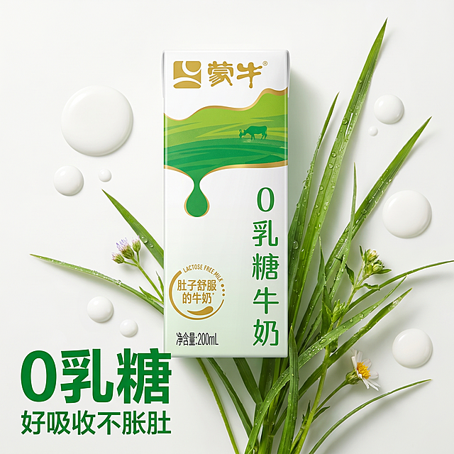 [主图 3] 蒙牛0乳糖牛奶细节成分展示主图。
[氛围风格] 专业简洁品质感
[画质] 商业摄影质感，光线柔和通透，产品清晰真实，画面干净高级
[元素] 特写展示蒙牛0乳糖牛奶单盒包装，周围环绕新鲜原奶滴和天然牧草素材，保持产品外观（物理结构、材质质感、颜色）与输入产品图绝对一致，杜绝任何变形和色差。产品主体占比约70%，画面简洁，突出核心成分优势，满屏无边框
[光影] 柔和棚拍自然光，突出产品包装细节和质感，明暗过渡自然
[配色] 主色调绿色和白色，保留产品原有配色，干净高级
[视角构图] 平视特写构图，产品主体居中，景深较浅突出产品细节
[文字版式] 左下角标注核心卖点，大字体 "0乳糖" 绿色粗体，下方小字 "好吸收不胀肚"，清晰突出产品优势，不遮挡产品主体
[比例分辨率] 1:1比例，2k分辨率，文字清晰可辨，超高清
[负向提示词] 变形，水印，文字错乱，产品图模糊，背景杂乱，过度修饰