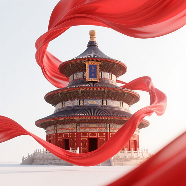 红色飘扬的环绕着天坛，白色背景