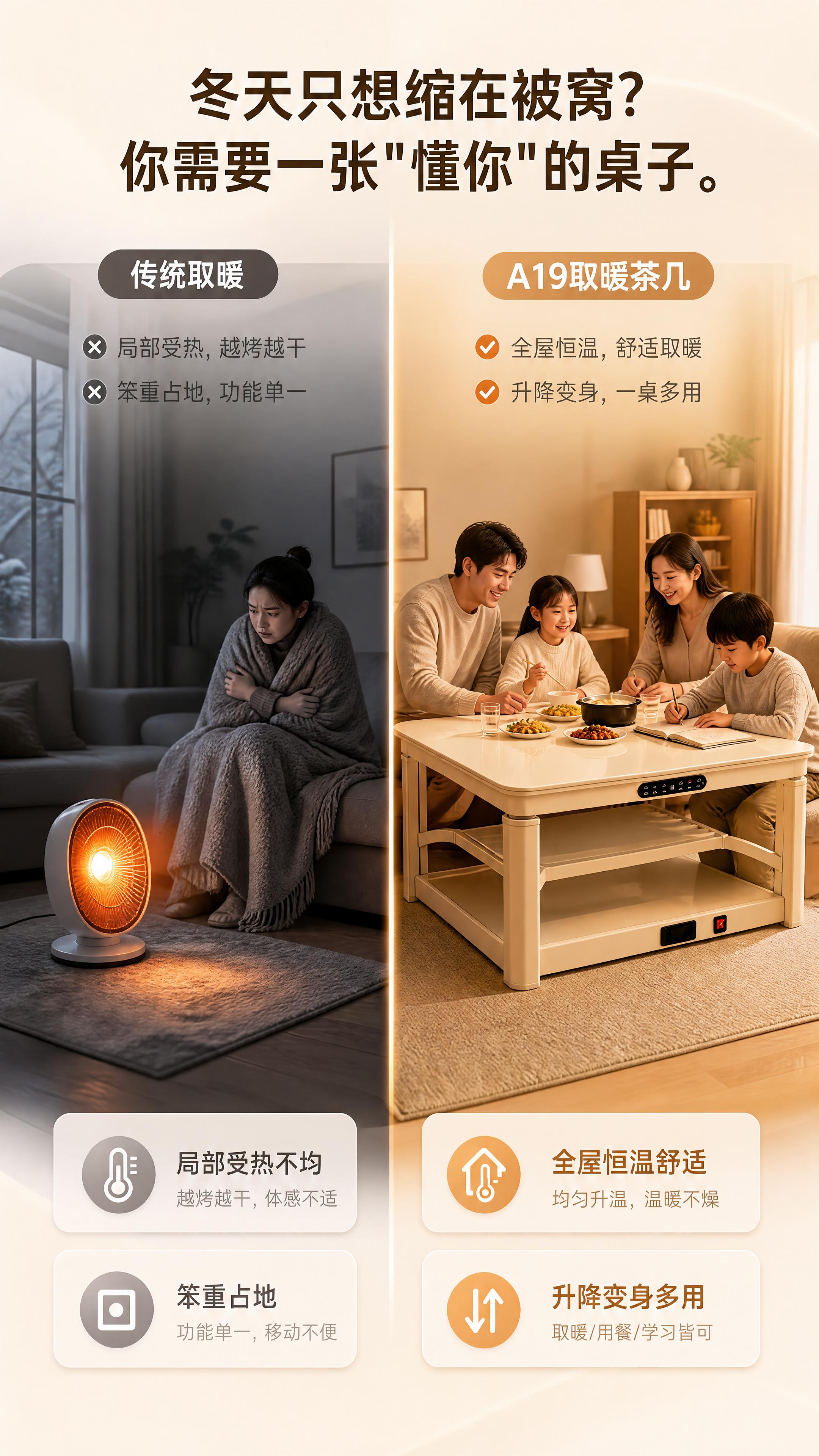 [商品] 本页为痛点对比页，右侧使用【图2】A19取暖茶几场景… - 图片创意预览