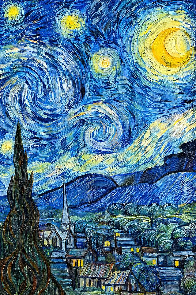 去除图片四周的白色边框，只保留内部的梵高星夜油画内容，完整保留原图的所有油画笔触、色彩、星空漩涡、月亮、星星、柏树、村庄山脉等所有细节，不要改变任何图案细节。画面高清清晰，油画纹理完整保留，适合印刷使用。