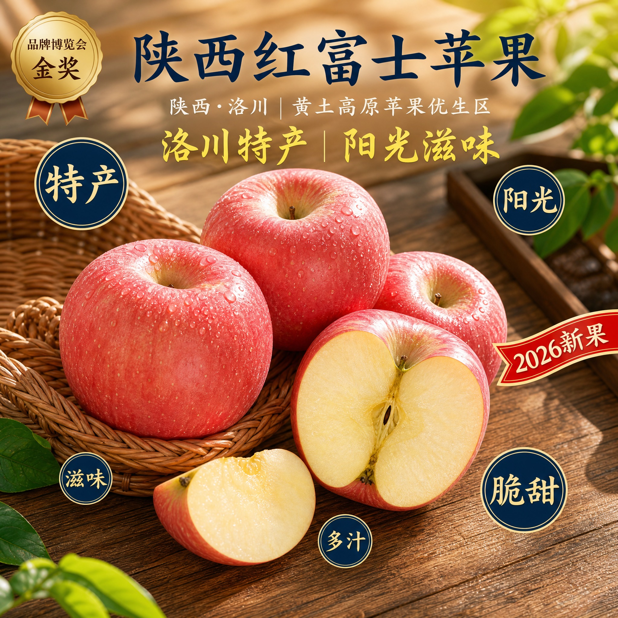 [主图29] 陕西红富士苹果京东生鲜电商主图，主题为藤编筐旁场… - 图片创意预览