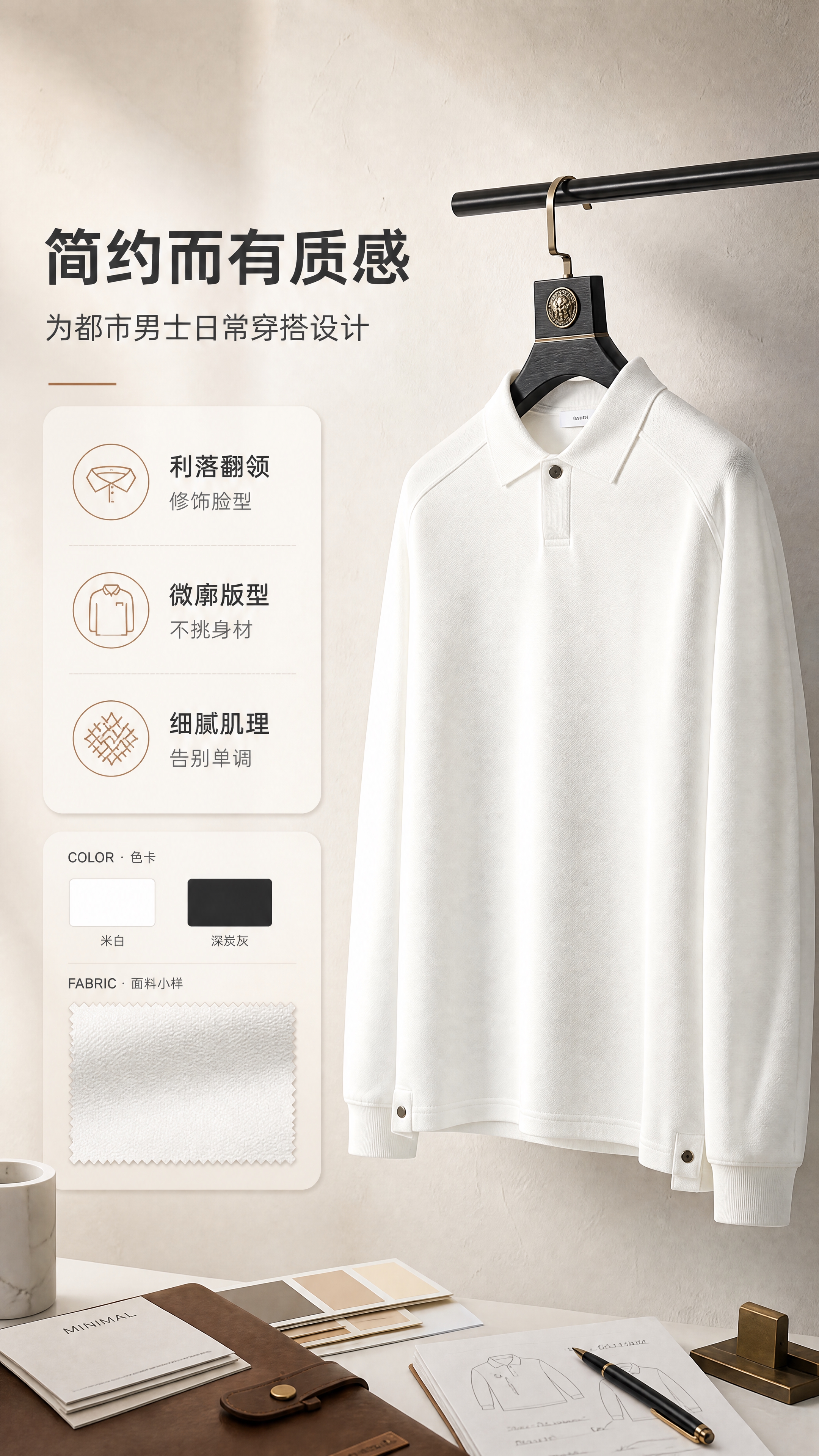 [商品] 使用【图1】男士白色翻领长袖Polo衫；商品处理：保… - 图片创意预览