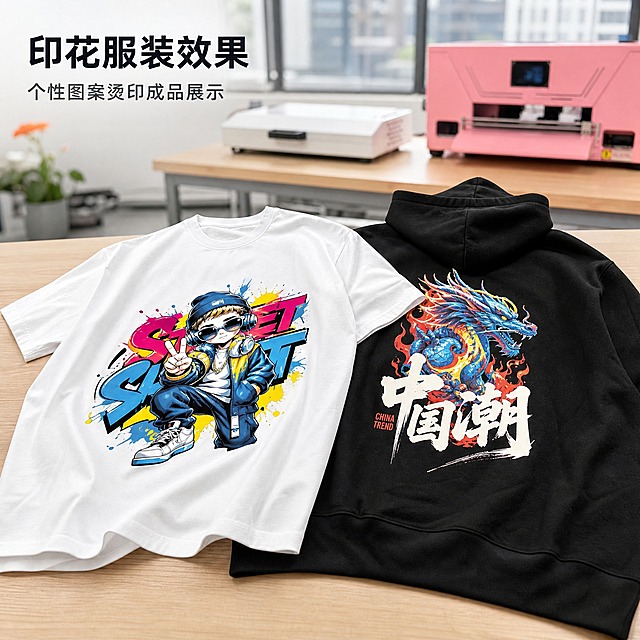 [主图-4] 全新升级版 DTF 打印机 印花服装效果图。唯一任务：展示经烫印工序后的印花服装成品效果，背景带入印花设备。
[统一基调] 1688 源头工厂实拍感 × 工业写实信息图；背景主色=中性工业浅灰 #F2F4F7；标题字色=深墨蓝黑 #16202C；辅助字色=中灰 #5B6673；强调色=科技蓝 #1E6BE6 仅小面积使用；全套只用一种无衬线黑体，仅做字号分级；组件=圆角 12px 浅底卡加 1px 细描边与线性图标。
[画面] 前景居中偏左平铺摆放一件印有高饱和彩色图案的白色短袖上衣与一件印有图案的深色连帽卫衣，两者合计占画面 55%，图案平整 边缘清晰 色彩饱满无晕染；背景为虚化的印花定制工作室，可辨出全新升级版 DTF 打印机 与平板压烫机摆在工作台上，设备虚化但轮廓可辨，形成前中后三层；无人物；必须表现为经烫印工序后得到的服装成品效果，不得画成打印机直接在布料上喷墨打印。
[光影质感] 商业实物摄影质感，顶部柔光加侧光，让服装面料纹理与印花墨层有细微光泽，平铺有自然褶皱与接触阴影。
[配色] 环境中性浅灰与浅木色为主，服装与印花彩色为画面色彩重心，标题深墨蓝黑，辅助文案中灰，强调线科技蓝。
[文字版式] 左上角加粗主标题 "印花服装效果"，副标题小号 "个性图案烫印成品展示"，全部简体中文横排，无逗号，不遮挡服装与印花图案。
[输出要求] 1:1 正方形 2048x2048；负向：图案晕染 模糊 变形 服装结构错误 多余文字 错字 水印 平台 Logo。