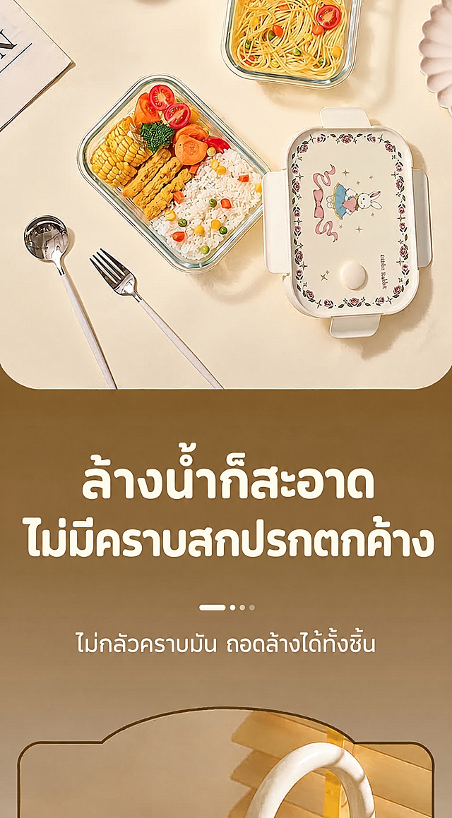 保持原图构图、上方俯拍玻璃饭盒美食画面、餐具、背景，以及下方清洗/冲水场景、棕色渐变底色完全不变，仅将中文文案替换为泰语：中部大标题「一冲即净」→「ล้างน้ำก็สะอาด」，「不藏污纳垢」→「ไม่มีคราบสกปรกตกค้าง」，小字「不惧油污 全身可拆洗」→「ไม่กลัวคราบมัน ถอดล้างได้ทั้งชิ้น」。保持原白色与深棕色粗体字风格、字号、位置与排版，文字清晰无错字，不要出现任何中文。