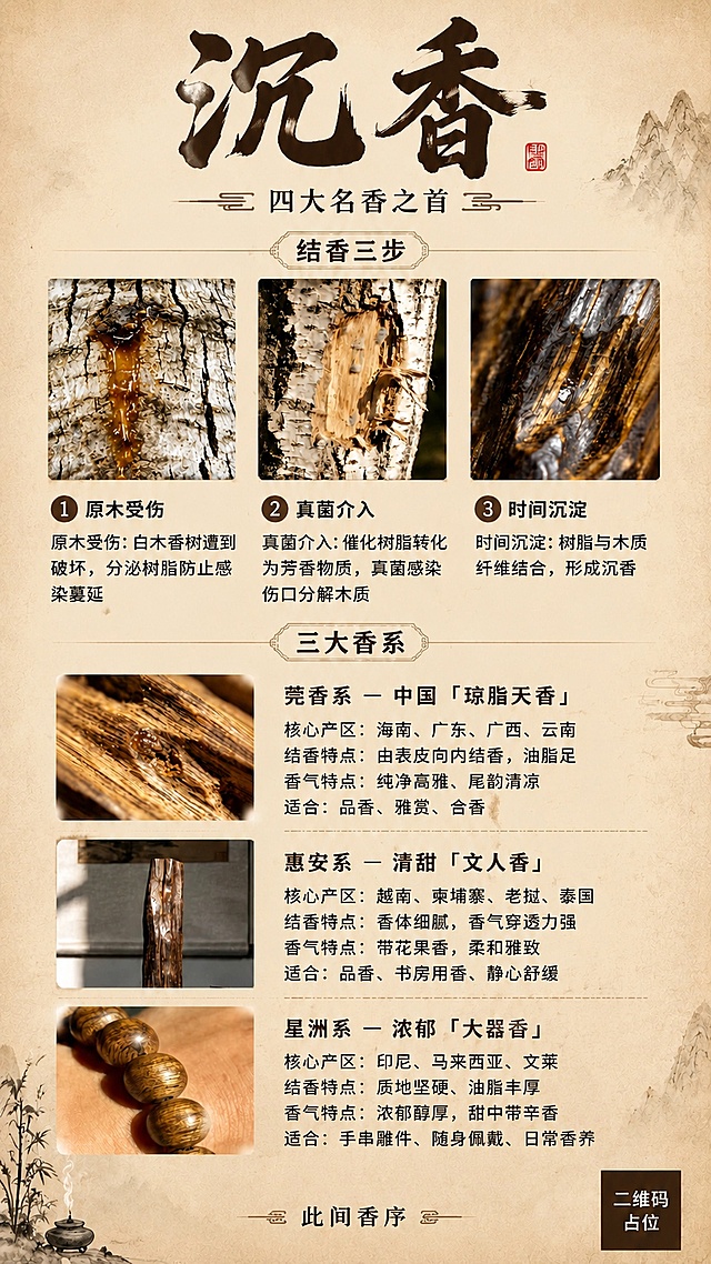 优化这张沉香文化科普海报，重点修复「真菌介入」板块的文字，使其清晰锐利、无模糊重影，所有文字笔画完整可读。保持整体国风新中式禅意风格不变，米黄色宣纸纹理背景，深褐色书法字体，版式布局不变。画面顶部主标题「沉香」清晰，副标题「四大名香之首」清晰。「结香三步」板块三个步骤的所有文字都必须清晰锐利，尤其是「真菌介入」的标题和下方说明文字「真菌介入：催化树脂转化为芳香物质，真菌感染伤口分解木质」必须字字清晰无模糊。「三大香系」板块所有文字同样保持清晰可读。底部落款「此间香序」清晰。整体排版疏密有致，四周留白安全边距，文字与背景对比度充足。画面中所有信息区域填充完整，无空白框。画面中所有二维码区域使用纯色方块占位符呈现，方块中央标注"二维码占位"文字。画面中所有数字精确渲染。