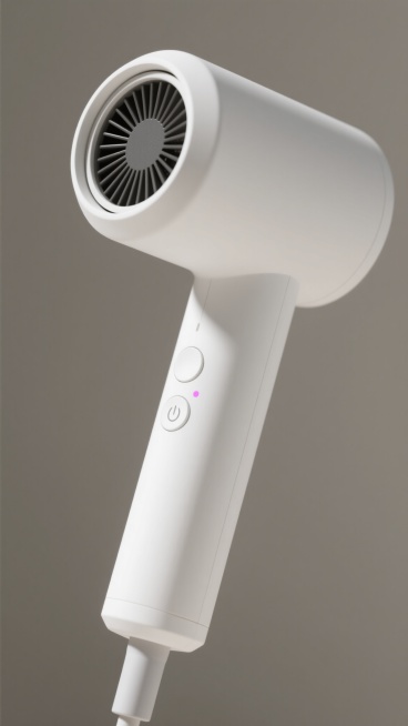 特写视角，纯白色哑光磨砂质感的极简主义吹风机以优雅倾斜姿态呈现，宽大出风口至纤细手柄的流畅曲线尽显现代感，仅两个圆形按钮（其一带彩色指示灯）点缀，纯白带柔和顶光的背景凸显其立体感与简约设计美学，无多余元素干扰，极致展现产品纯净简约的设计与功能。预览效果