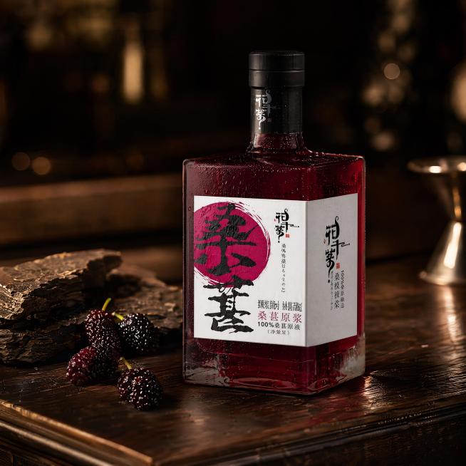 超写实酒类产品摄影。
主体：桑葚果酒严格参照上传产品图，完整保留所有可见组件、轮廓、结构、比例、材质、颜色与产品本体上的文字信息（logo、品名、规格等），与上传图完全一致。产品为唯一主体，占画面核心预览效果