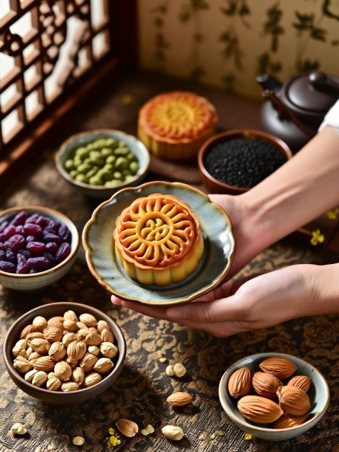 手托古朴陶瓷小盘子，碗中放主体；周围摆放5个小碗，分别盛装5种食材（花生、黑芝麻、紫葡萄干、杏仁、核桃仁），背景有虚化切开的月饼、茶壶、少量桂花花瓣点缀，暗纹宋锦桌布，古风屏风，暖棕调自然光线，突出食预览效果