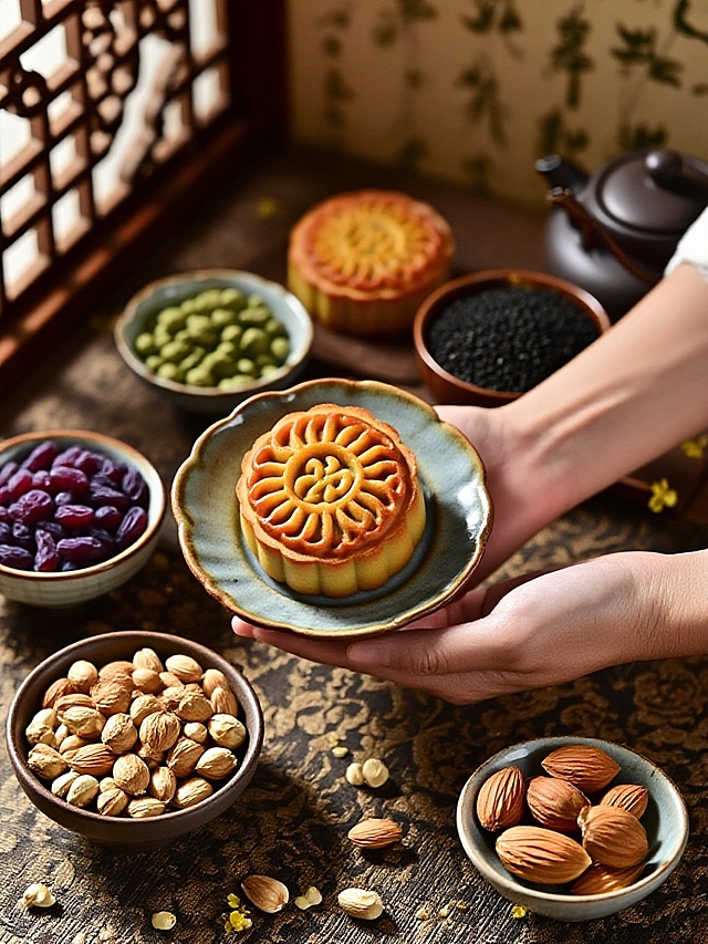 中式古典风，国潮水墨肌理，中秋佳节，精致月饼与传统食材，尽显东方韵味。