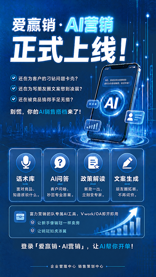 将第一排标题中的「AI营销」四个字进行突出处理，改为浅蓝色亮色调，与「爱赢销·」形成对比，突出AI营销，保持整体排版和其他所有内容不变，蓝色科技风格不变