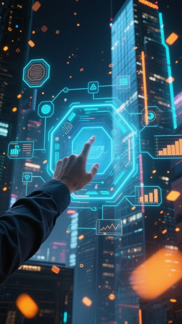 一只穿着深色长袖衬衫的手正用食指轻点由蓝色和青色发光线条构成的全息数据界面，界面中包含六边形框架、各类抽象数据图标和动态连接线，背景是完全不同的未来感城市夜景，空中漂浮着无数发光的数据粒子和立体图表，远处高楼大厦的玻璃幕墙反射着霓虹灯光，整体呈现出赛博朋克风格的科技感，光影效果为深色背景上的明亮蓝色光源与橙黄色光斑形成对比，营造出神秘而先进的数字科技氛围。预览效果