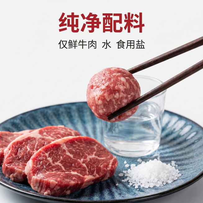 [主图 3] 安格斯鲜牛肉丸纯净成分细节展示。[氛围风格] 温馨干净原生食材展示风。[画质] 商业摄影质感，光线柔和通透，产品清晰真实，画面干净高级。[元素] 特写展示筷子夹起一颗纹理清晰的安格斯牛肉预览效果