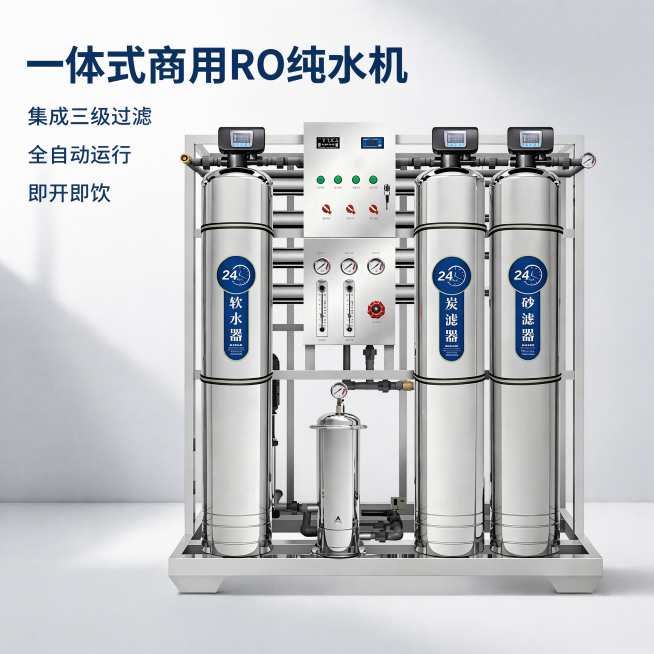 [主图-1]商用RO纯水机产品首图，突出专业一体式设备核心卖点
[氛围风格]简洁营销风，B端专业源头感
[画质]商业摄影质感、光线柔和通透、产品清晰真实、画面干净高级
[元素]保持商用RO纯水机产品外预览效果