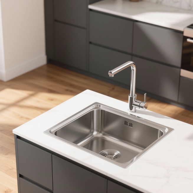 3D渲染风格的现代厨房水槽特写，不锈钢材质水槽搭配银色金属水龙头，白色台面与深灰色橱柜形成简洁对比，木质地板增添自然质感，柔和自然光从上方照射形成清晰光影层次，高光表现金属的光滑质感，整体呈现简约、干预览效果