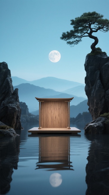 画面中心为木质展台，展台位于平静水面之上，水面倒映着展台轮廓。展台两侧是形态嶙峋的黑色岩石，右侧岩石顶端生长着一棵造型苍劲的松树。背景是层叠的远山剪影，天空呈现出以青蓝色为主色调的渐变，中央有一轮皎洁的明月散发着柔和的冷光，整体营造出宁静悠远、清冷雅致的东方意境，具有写实的3D质感和细腻的光影表现，构图采用对称美学与视觉引导线相结合的方式，突出展台的主体地位。预览效果