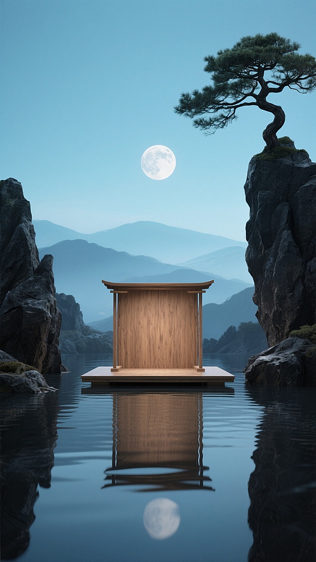 画面中心为木质展台，展台位于平静水面之上，水面倒映着展台轮廓。展台两侧是形态嶙峋的黑色岩石，右侧岩石顶端生长着一棵造型苍劲的松树。背景是层叠的远山剪影，天空呈现出以青蓝色为主色调的渐变，中央有一轮皎洁的明月散发着柔和的冷光，整体营造出宁静悠远、清冷雅致的东方意境，具有写实的3D质感和细腻的光影表现，构图采用对称美学与视觉引导线相结合的方式，突出展台的主体地位。