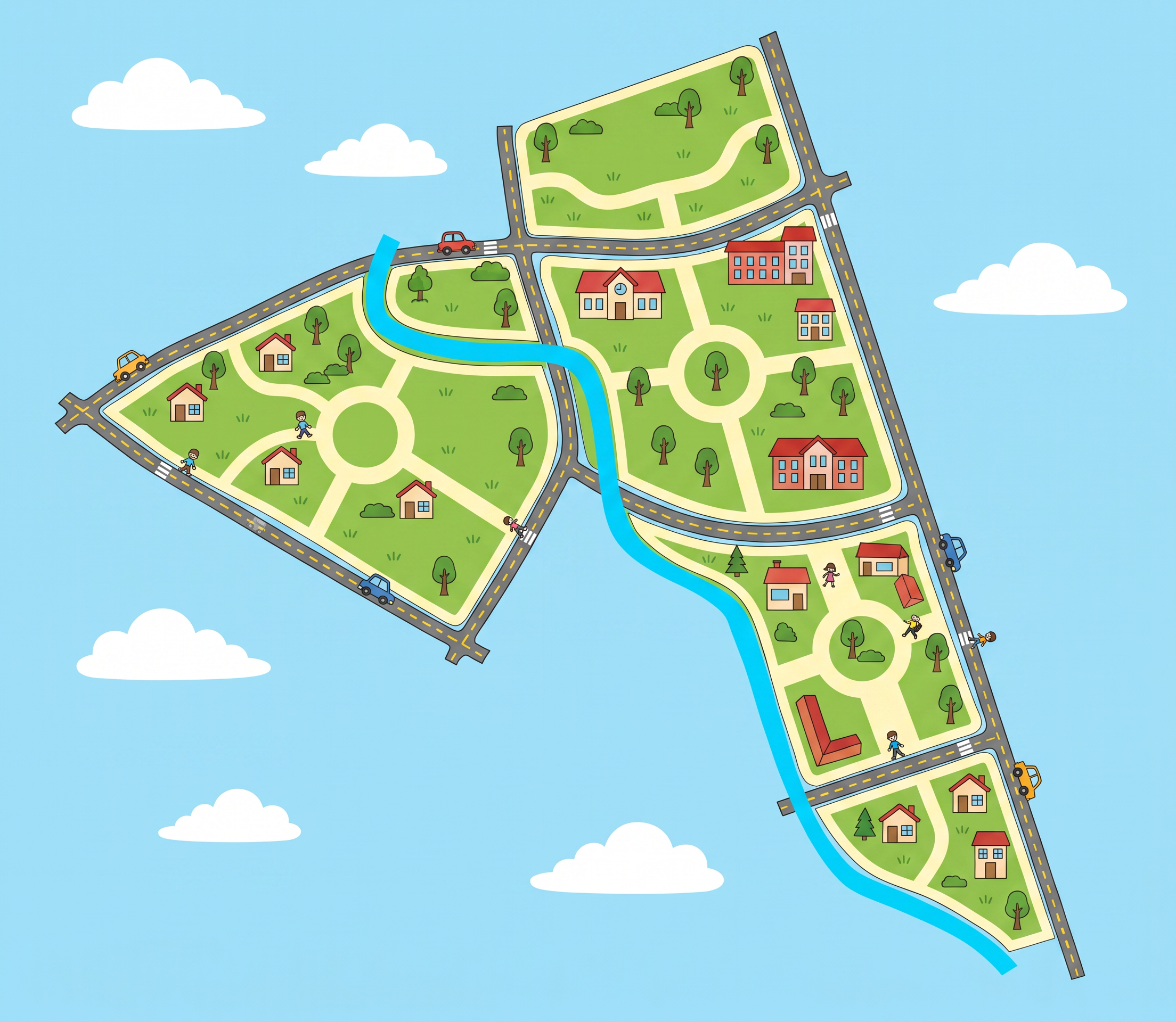 根据这张路线图生成卡通风格的彩色平面图，保持原有的道路格局和蓝… - 图片创意预览