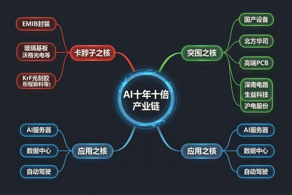 思维导图树状图，中心词是 "AI十年十倍产业链"，三大分支黄金三角：1. 卡脖子之核（红字标注）： EMIB封装、玻璃基板（沃格光电等）、KrF光刻胶（彤程新材等）。2. 突围之核（绿字标注）： 国产预览效果