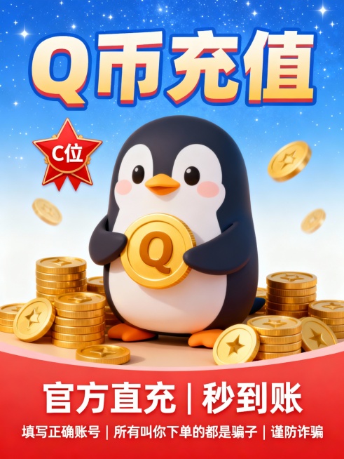 高清无水印设计图，主体为卡通企鹅形象，手持金色Q币，周围环绕堆叠的Q币金币，背景采用渐变蓝白星空风格，营造轻松愉悦氛围。顶部大字“Q币充值”突出显示，字体加粗清晰。左上角红色五角星徽章标注“C位”字样预览效果