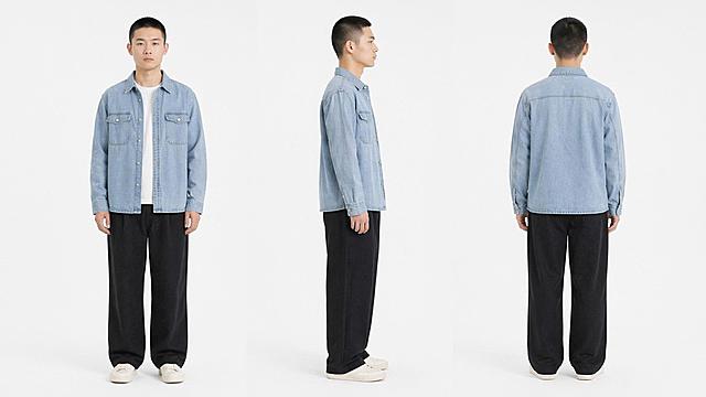 生成中国男性三视图，25岁，寸头，浅蓝色牛仔上衣，白色内搭，黑色宽松西装裤，规格与参考图一致，包含正面和侧面视角，白底背景