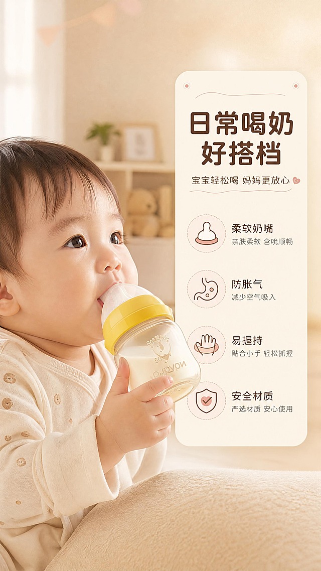 [商品] 使用【图1】婴幼儿硅胶奶嘴奶瓶；保留黄色旋盖、透明瓶身、硅胶奶嘴、80mL刻度、瓶身NOVON字样及图案、整体造型比例；真实功能方向为婴幼儿喝奶使用。
[画面] 目标：场景种草，展示宝宝日常喝奶真实场景；构图：左图右文，左侧温馨场景大图；主体占画面50%；产品角度：侧面45度被宝宝手持；景别：中近景；阅读动线：从左到右再向下；前中后景：前景宝宝小手握瓶、中景宝宝喝奶侧脸（亚洲婴幼儿）、后景温馨居家客厅/婴儿房。
[视觉] 套系策略：风格=温馨母婴商业摄影风；标题字=圆润粗黑体；正文字=圆角无衬线体；主色=暖米杏+奶黄；背景延展=基于暖米杏做深浅层级、同色渐变和细腻织物/纸张质感；强调色=柔粉橙，仅用于小面积图标、引线和标签；标题色=深暖棕；正文色=中暖灰；组件=圆角浅底信息卡、细线引线、圆点装饰；光影=左前侧暖柔光，柔和漫反射。
[文字] 右侧信息卡主标题「日常喝奶好搭档」，副标题「宝宝轻松喝 妈妈更放心」，配4个短卖点：柔软奶嘴 / 防胀气 / 易握持 / 安全材质；文字区位于右侧圆角卡片内，不遮挡宝宝和奶瓶主体。
[规格] 图片比例9:16竖版，4K分辨率，负向提示：避免变形、错字、文字过小、冷蓝/蓝灰背景、产品颜色改变、结构失真、极限词、医疗化宣传、欧美面孔。
