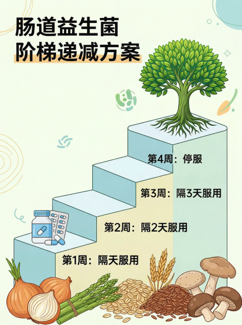 修改图中的中文文字：顶部大标题改为"肠道益生菌阶梯递减方案"，修正第三级台阶文字为"第3周：隔3天服用"，修正其他文字表述，保持原图所有其他元素、结构和风格不变，整体画面依然干净清晰预览效果