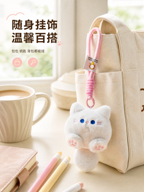 [主图-4] 场景使用体验图 日常出行随身搭配展示；[氛围风格] 生活感治愈 清新软萌；[画质] 真实生活抓拍感商业摄影 光线自然通透；[元素] 浅色系帆布包挂在奶白色书桌边 帆布包侧袋上挂着白色毛绒预览效果