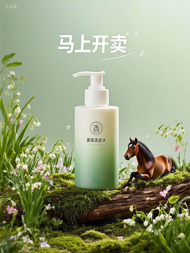微缩艺术风融合虚拟自然，清新绿意中置入3D质感洗发水瓶与小马，水彩风花卉环绕，营造梦幻唯美、轻拟物的文艺氛围，传递清爽舒适之感。